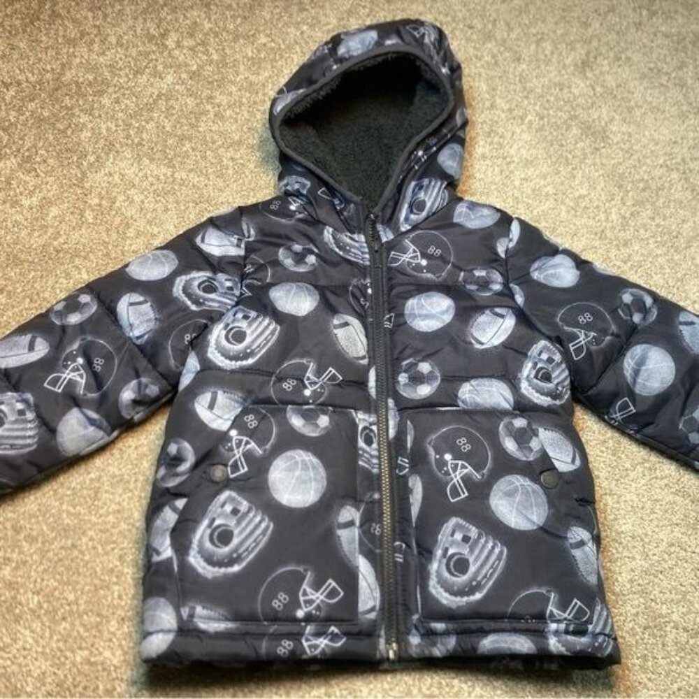 Carters Boys Hooded Puffer Jacket Sports Print Black & Gray M 5-6